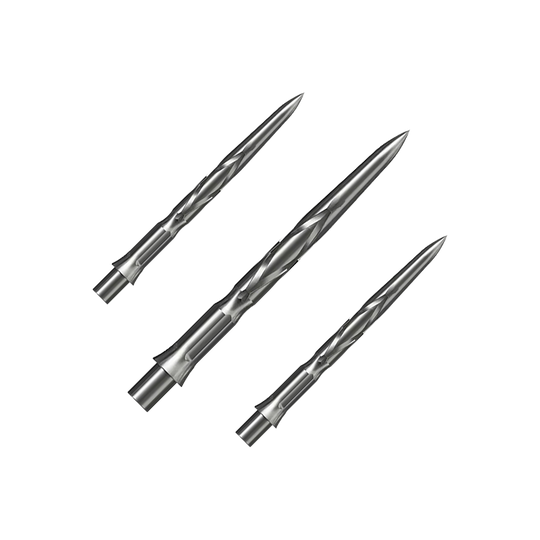 Puntas de dardos de acero Caliburn System - HAN G2 - Plata Auf dem Bild sind drei silberne Steeldartspitzen zu sehen. Sie haben eine spitz zulaufende Form mit eingeritztem Muster.