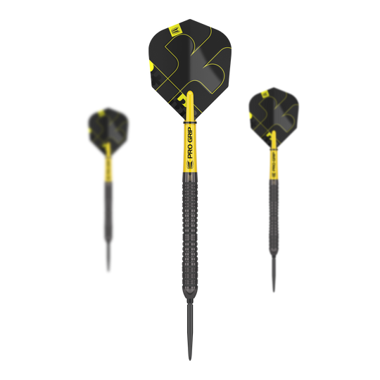 Dardos de acero Target Bolide Void 04 Swiss Point Das Bild zeigt drei Steeldarts des Modells "Target Bolide Void 04 Swiss Point". Die Darts sind schwarz-gelb und haben ein modernes, markantes Design.