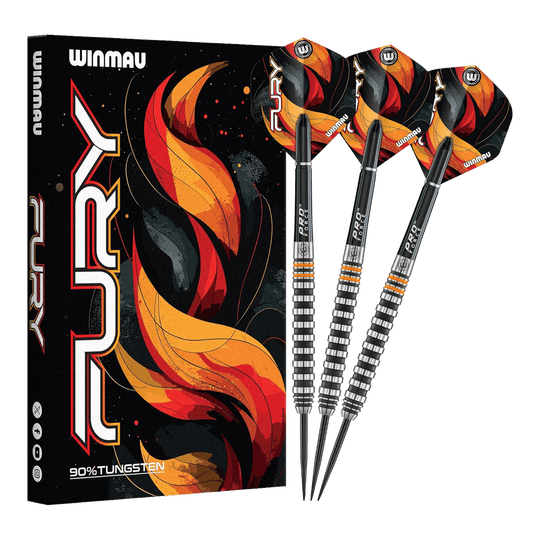 Gezeigt werden die Winmau Fury Steeldarts - 22g. Diese hochwertigen Steeldarts sind für anspruchsvolle Spieler konzipiert.