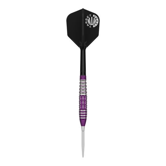 Dardos de acero Target Japan Prime Series Tung Suk Zenith GEN1 Swiss Point - 23 g Das Bild zeigt einen Steeldartpfeil aus der Target Japan Prime Series mit silber-lila geriffeltem Barrel und schwarzer Flight. Auf dem Flight ist ein weißes Logo mit der Aufschrift "TARGET JAPAN" zu sehen.