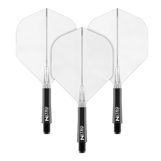 Red Dragon Nitroflite - Eje negro, plumas transparentes nº 2 Das Bild zeigt drei Dart Flights mit weißen Flügeln und schwarzen Schäften. Auf den Schäften steht der Schriftzug "Nitro Flite".