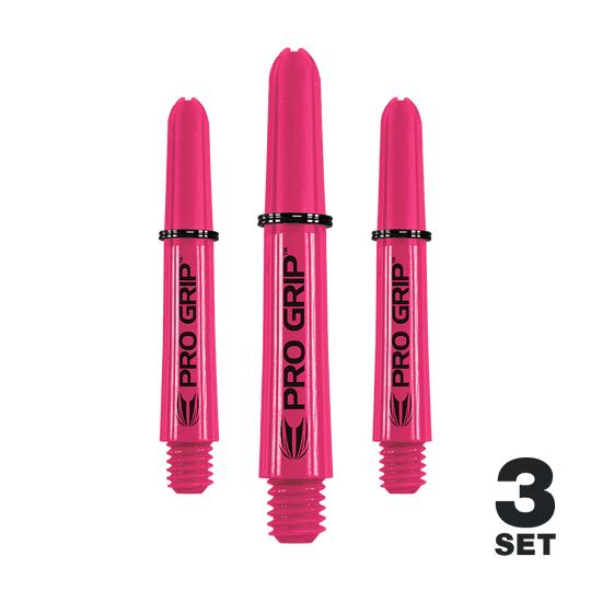 Varillas Target Pro Grip - 3 juegos - Rosa Das Bild zeigt drei pinke Pro Grip Shafts für Dartpfeile. In der rechten unteren Ecke steht "3 Set".