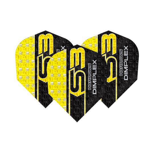 Rastrillos Dimplex S3 - Amarillo Das Bild zeigt drei gelbe und schwarze Dartflights des Modells "Harrows Dimplex S3". Auf den Flights steht der Schriftzug "S3 HARROWS DIMPLEX".