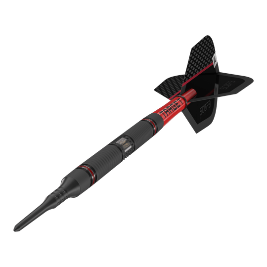Target Scope 10 dardos blandos Das Bild zeigt einen modernen Softdart mit dem Namen "Target Scope 10 Softdarts". Der Dart ist schwarz und rot gestaltet und hat eine auffällige, strukturierte Oberfläche sowie eine schwarze Flight.