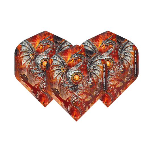 Alchemy Tech Dragon No2 Vuelos Estándar Das Bild zeigt drei Dart-Flights mit einem mechanischen Drachenmotiv in leuchtenden Orange- und Silbertönen. Die Flights sind das Produkt "Alchemy Tech Dragon No2 Standard Flights".