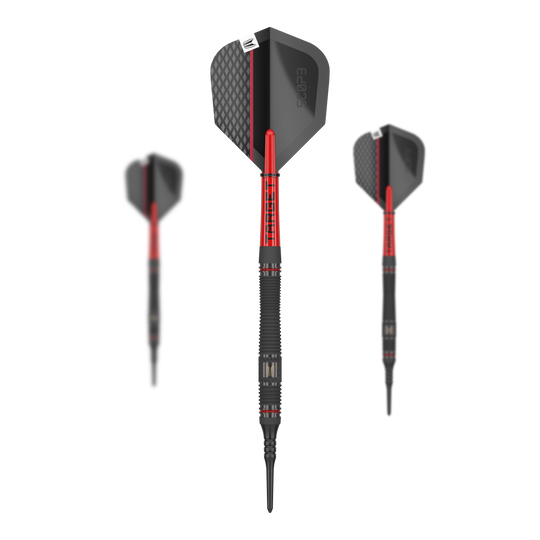 Dardos blandos Target Scope 11 Das Bild zeigt drei Softdarts des Produkts „Target Scope 11“. Die Darts haben ein schwarzes und rotes Design mit strukturierten Flights.