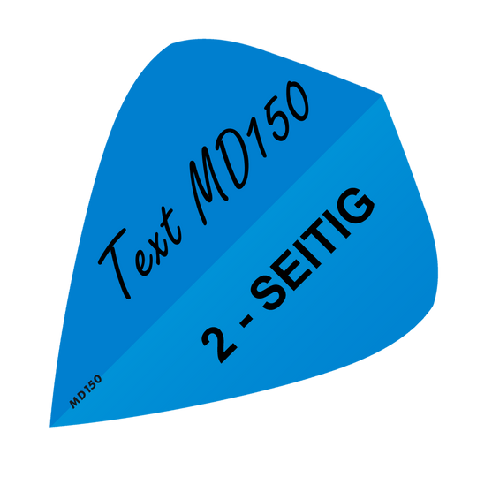 MD-306_2-Seitig_Bedruckte_Flights_Wunschtext_MD150_Blau_Kite_1 Das Bild zeigt ein blaues Quadrat mit schwarzem Text darauf. In der Mitte steht „Text MD150“ und „2-SEITIG“.