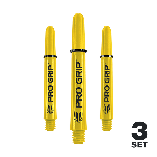 Varillas Target Pro Grip - 3 juegos - Amarillo Auf dem Bild sind drei gelbe Dartschäfte mit der Aufschrift „PRO GRIP“ zu sehen. In der rechten unteren Ecke steht „3 SET“.