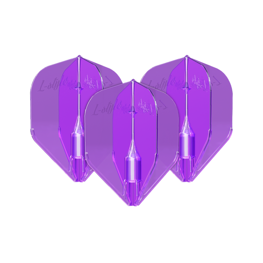 Plumas L-Style Fantom L3EZ Moradas Das Bild zeigt drei violette L-Style Fantom L3EZ Flights für Darts. Sie sind nebeneinander angeordnet und haben eine glänzende, transparente Oberfläche.