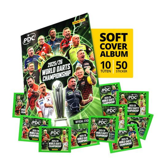 Campeonato Mundial de Dardos Panini PDC 2025/26 - Paquete de inicio de tapa blanda con 10 paquetes de pegatinas Abgebildet ist das Panini PDC World Darts Championship 2025/26 - Softcover Starter Bundle mit 10 Sticker Packs. Das Starter-Bundle eignet sich ideal für Einsteiger und Darts-Fans.