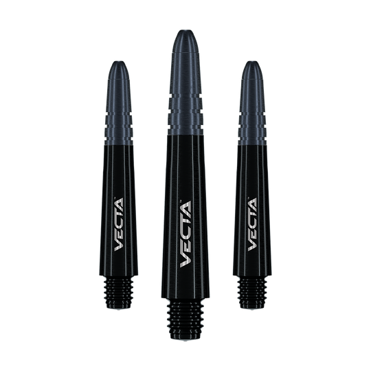 Ejes Winmau Vecta - Negro Auf dem Bild sind drei schwarze Dart-Schäfte mit der Aufschrift "Vecta" zu sehen. Sie sind unterschiedlich groß und haben ein modernes, glänzendes Design.