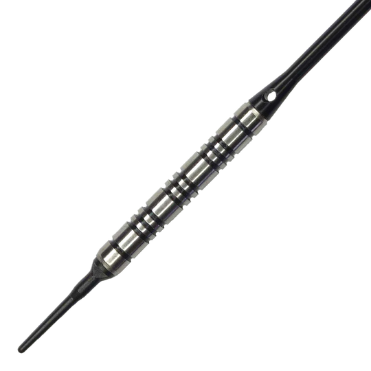 Dardos blandos McDart 85 Tungsten V2 - 17 g Das Bild zeigt einen McDart 85er Tungsten V2 Softdart mit einem Gewicht von 17g. Der Dart besteht aus silbernem Metall mit schwarzen Rillen und besitzt eine schwarze Kunststoffspitze.