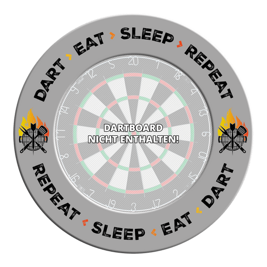 Diana McDart: Dardos, Comer, Dormir, Repetir Grau gefärbtes Dartboard-Surround mit dem Text 'Dart Eat Sleep Repeat'. Das Bild präsentiert eine Detailansicht des Produkts.