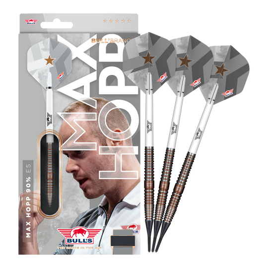 Dardos blandos Bulls NL Max Hopp E5 - 20 g Zu sehen ist das Set Bulls NL Max Hopp E5 Softdarts im Gewicht 20g. Die Darts sind ideal für Softdart-Enthusiasten geeignet.