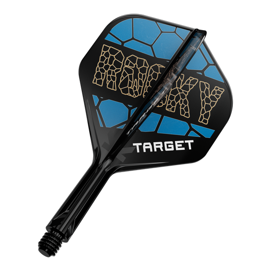 Sistema de varilla de vuelo estándar Target K-Flex Josh Rock No2 Auf dem Bild ist ein Dart-Flight-System mit der Aufschrift „ROCKY“ in gelber Schrift zu sehen. Das Design ist schwarz und blau und darunter steht das Wort „TARGET“.
