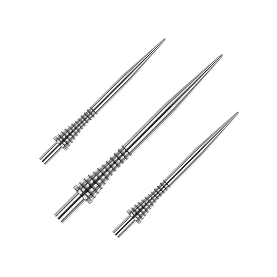 Puntas de dardos de acero plateado con agarre Raptor de Red Dragon de 38 mm Das Bild zeigt drei silberne Steeldartspitzen mit geriffeltem Griffdesign. Es handelt sich um das Produkt "Red Dragon Raptor Gripped Silver Steeldartspitzen 38mm".