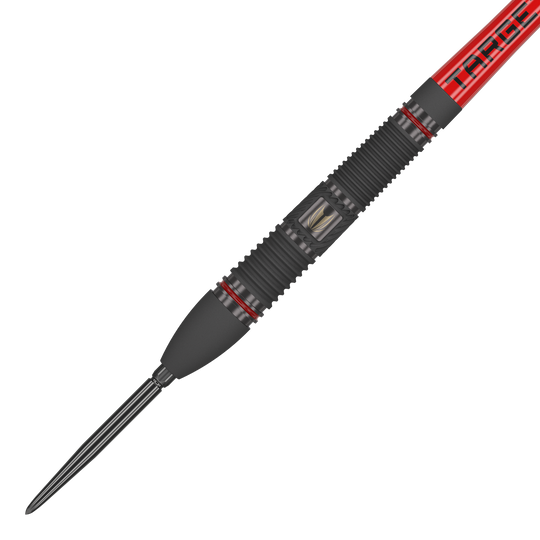 Dardos de acero Target Scope 02 Swiss Point Das Bild zeigt einen Target Scope 02 Swiss Point Steeldart mit einem schwarzen und roten Design. Der Dartpfeil hat eine gerillte Griffzone und eine scharfe Metallspitze.