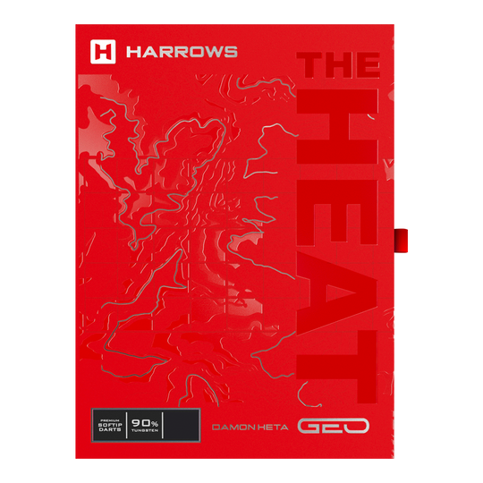 Harrows Damon Heta Geo Softdarts mit 18g sind zu sehen. Die Darts sind finessenreich gestaltet.