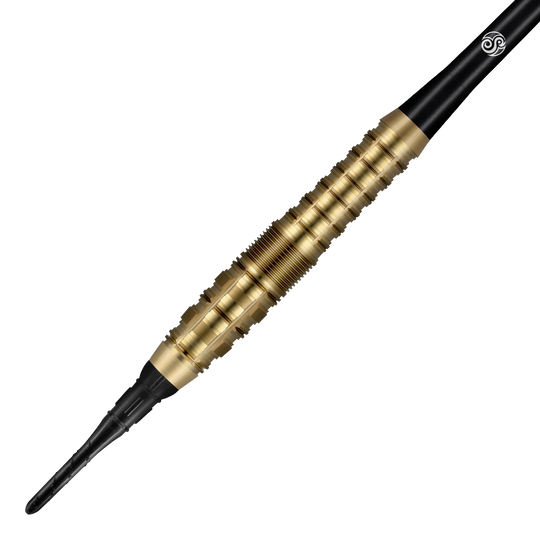 Dardos suaves Shot Redline Gizmo - 20 g Das Bild zeigt einen Shot Redline Gizmo Softdart mit einem Gewicht von 20 Gramm. Der Dartpfeil hat einen goldfarbenen, geriffelten Griffbereich und eine schwarze Spitze.