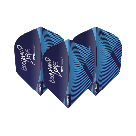Dragón Rojo Luke Humphries Coolhand Azul Plata N.° 6 Vuelos Das Bild zeigt drei blaue Dart-Flights mit silbernen und blauen Linienmustern. Auf den Flights steht der Schriftzug "Coolhand Luke".