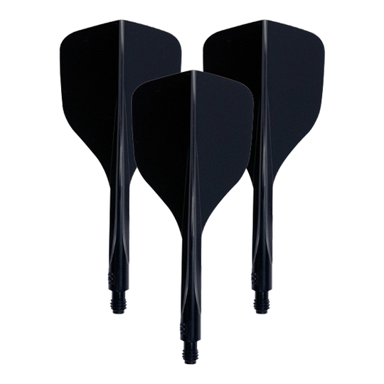 Condor Axe 120 Flight-System Black - Standard Das Bild zeigt drei schwarze Dart-Flights mit integriertem Schaft. Es handelt sich um das Produkt "Condor Axe 120 Flight-System Schwarz - Small".