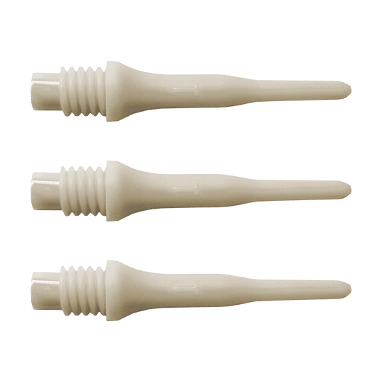 896_Bulls_Tefo_X_Softdart-Spitzen_100erPack_Weiss_12LOIF0TyEcmuU Das Bild zeigt drei helle Kunststoffspitzen mit Gewinde. Es handelt sich um Bulls Tefo X Spitzen, die als Ersatzteile für Softdarts verwendet werden.