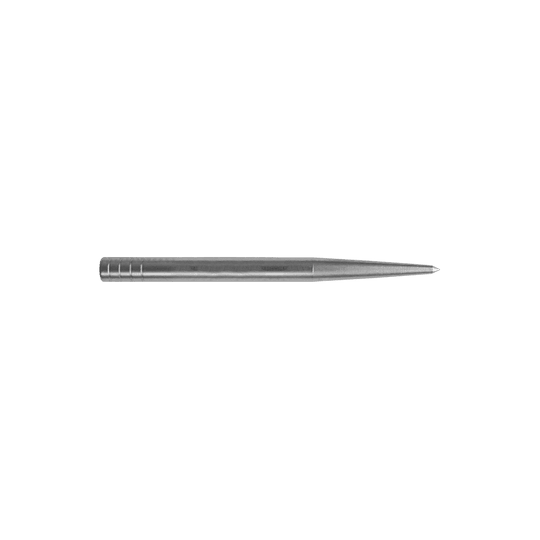 Puntas de dardos Condor Beak Point sin corte Das Bild zeigt eine silberne Dartspitze, die lang und schmal ist. Sie hat keine zusätzlichen Schnitte und misst 32 mm in der Länge.