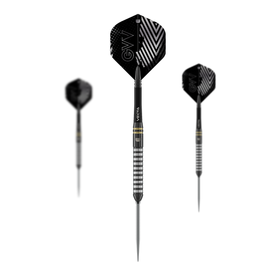 Dardos de acero Winmau Gian Van Veen TS Switch Point Zu sehen sind Winmau Gian Van Veen TS Switch Point Steeldarts als Set. Das Bild zeigt mehrere Darts nebeneinander.