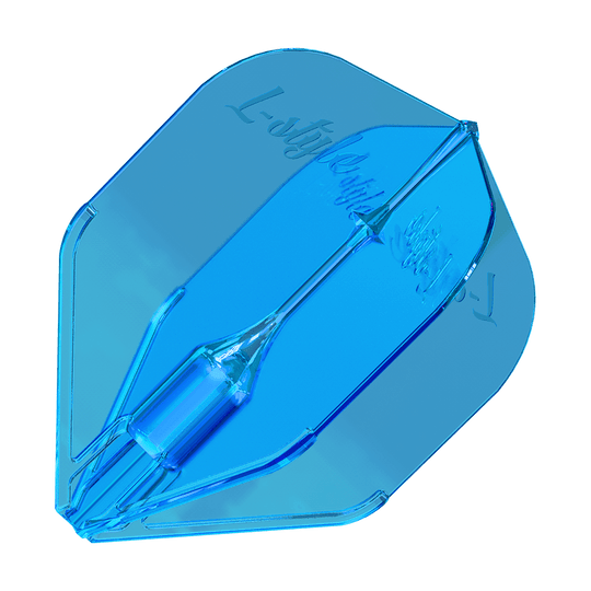 Plumas L-Style Fantom L3EZ Azul Das Bild zeigt ein blaues Dart-Flight mit dem Namen "L-Style Fantom L3EZ". Es hat eine transparente Optik und die Aufschrift "L-Style" ist darauf zu sehen.