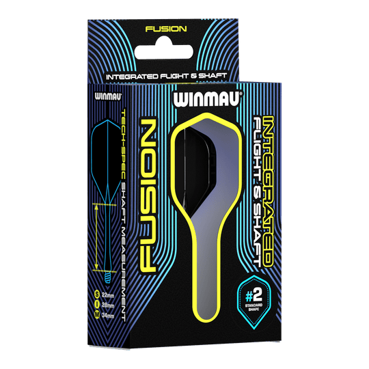 Sistema de eje de vuelo Winmau Fusion estándar negro Auf dem Bild ist eine Verpackung des Winmau Fusion Integrated Flight & Shaft Systems zu sehen. Die Schachtel ist schwarz mit blauen und gelben Akzenten und enthält Flights und Shafts für Darts.