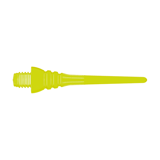 Winmau Triton Softtip Points Softdartspitzen (50-er Pack) Auf dem Bild ist eine gelbe Softdartspitze zu sehen. Sie hat ein Schraubgewinde auf der linken Seite und läuft nach rechts spitz zu.