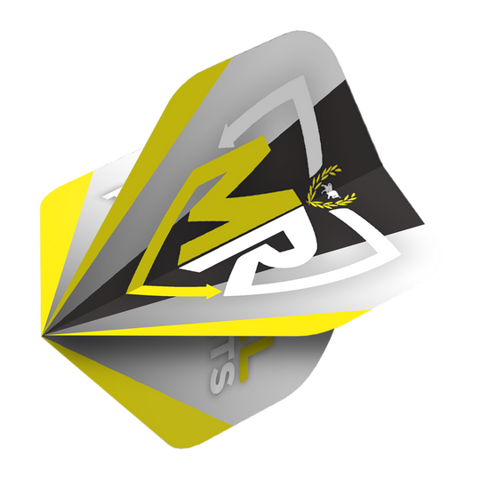 BU50859_Bulls_Powerflite_Rasto_Logo_No2_Standard_Flights_2 Das Bild zeigt ein Dart-Flight mit dem Rasto Logo in gelb, schwarz, weiß und grau. Es handelt sich um das Produkt "Bulls Powerflite Rasto Logo No2 Standard Flights".