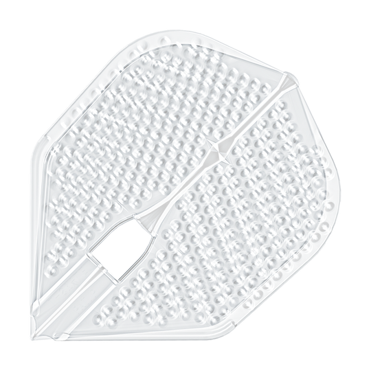 Plumas estilo L Dimple Champagne Forma L3PRO Das Bild zeigt ein durchsichtiges Dartflight mit einer dimpled (genoppten) Oberfläche. Es handelt sich um das Produkt "L-Style Flights Dimple Champagne L3PRO Shape".