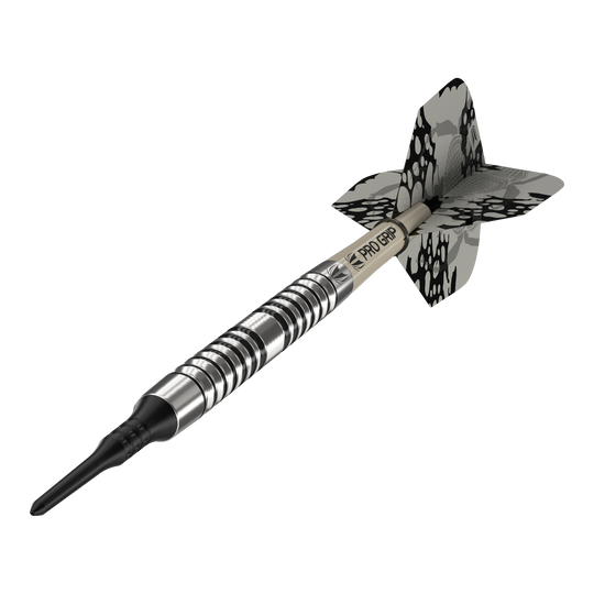 Dardos blandos Target EXO 10 Das Bild zeigt einen Target EXO 10 Softdart. Der Dartpfeil hat ein silbernes, gerieftes Barrel und schwarz-graue Flights mit Muster.