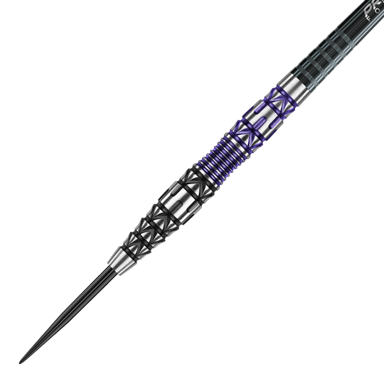 Dardos de acero Winmau Simon Whitlock Edición Especial 2020 Das Bild zeigt einen Winmau Simon Whitlock Special Edition 2020 Steeldart. Der Dart hat ein auffälliges Design mit schwarzen, silbernen und violetten Elementen am Griff.