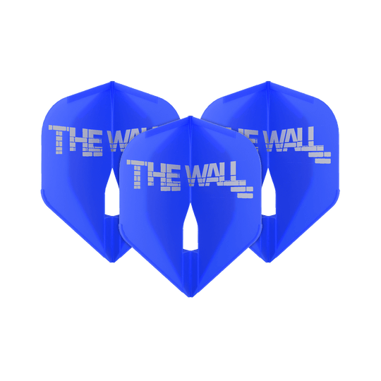 Das Bild zeigt drei blaue Dartflights mit der Aufschrift "THE WALL". Es handelt sich um das Produkt 'L-Style Martin Schindler Blau L1PRO Flights'.