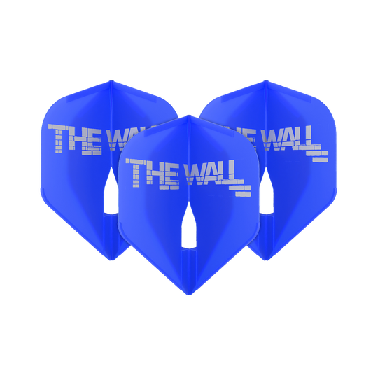Vuelos Martin Schindler Blue L1PRO estilo L Das Bild zeigt drei blaue Dartflights mit der Aufschrift "THE WALL". Es handelt sich um das Produkt 'L-Style Martin Schindler Blau L1PRO Flights'.