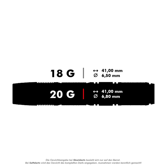 Das Bild zeigt die Spezifikationen von Softdarts mit zwei verschiedenen Gewichten: 18 Gramm und 20 Gramm. Beide Darts sind 41,00 mm lang, aber der 18-Gramm-Dart hat einen Durchmesser von 6,50 mm und der 20-Gramm-Dart einen Durchmesser von 6,80 mm.