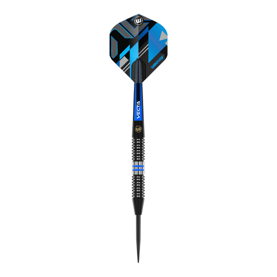 Dardos de acero Winmau Galactics Das Bild zeigt einen Winmau Galactics Steeldart mit einem modernen, blauen und schwarzen Design. Der Dart hat eine strukturierte Griffzone und eine spitze Stahlspitze.