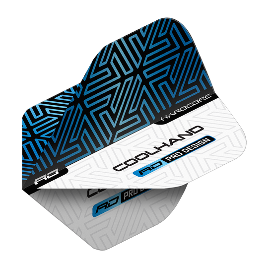 Vuelos estándar premium azul y blanco de Red Dragon Hardcore Luke Humphries Das Bild zeigt die Red Dragon Hardcore Luke Humphries Blue White Premium Standard Flights. Die Flights sind blau-weiß gestaltet und tragen die Aufschrift „COOLHAND“ sowie „RD PRO DESIGN“.