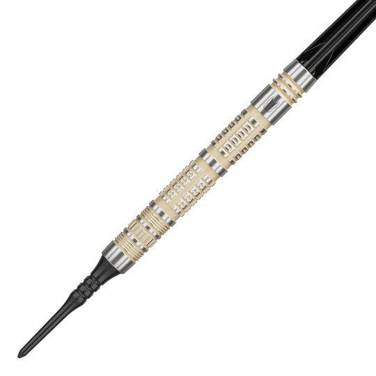 Zu sehen sind die Target Dimitri Van Den Bergh 95K Softdarts mit 19 Gramm Gewicht. Sie eignen sich ideal für ambitionierte Dartspieler.