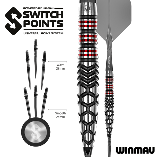 Das Bild zeigt die Winmau Fornax Torpedo Switch Points Steeldarts. Diese Steeldarts sind speziell für hohe Präzision und Leistung entwickelt.