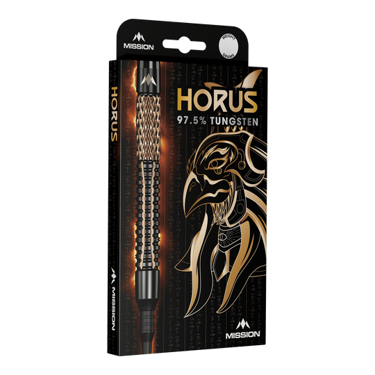 Dardos blandos Mission Horus - 19 g Die Abbildung zeigt die Verpackung der "Mission Horus Softdarts - 19g". Auf der Vorderseite sind der Dartpfeil, der Produktname und ein goldener Horus-Kopf abgebildet.