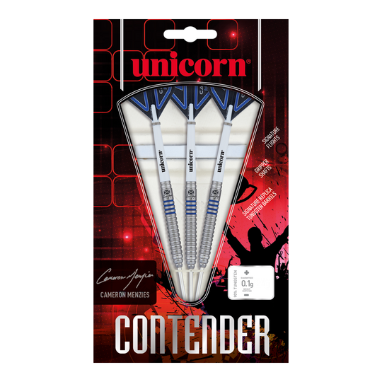Dardos de acero Unicorn Contender Cameron Menzies - 23 g Das Bild zeigt eine Packung Unicorn Contender Camerion Menzies Steeldarts mit einem Gewicht von 23g. In der Verpackung befinden sich drei silberne Darts mit blauen Akzenten.