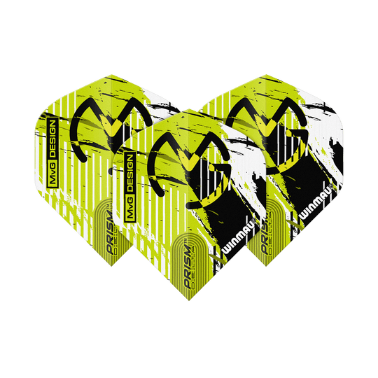 Vuelos estándar Winmau Delta Michael Van Gerwen Prism 03 Das Bild zeigt drei Dartflights des Modells "Winmau Delta Michael Van Gerwen Prism 03 Standard". Die Flights sind gelb-schwarz-weiß gestaltet und tragen das MVG-Logo sowie die Aufschrift "PRISM DELTA" und "WINMAU".