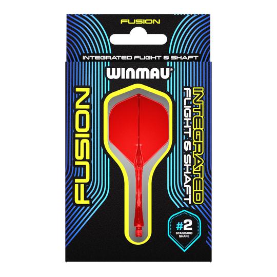 Sistema de eje de vuelo Winmau Fusion estándar rojo Das Bild zeigt eine Verpackung für das Winmau Fusion Integrated Flight & Shaft System in Rot. Im Mittelpunkt ist ein integrierter Dart-Flügel mit Schaft der Größe #2 im Standard-Shape zu sehen.