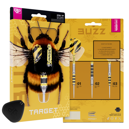 Dardos de acero Target Buzz 01 Swiss Points Hier sieht man Target Buzz 01 Swiss Points Steeldarts. Die Darts zeichnen sich durch ihr spezielles Swiss Points System aus.