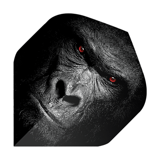 Das Bild zeigt ein Dart-Flight mit dem Gesicht eines Gorillas. Die Augen des Gorillas leuchten rot und der Hintergrund ist dunkel gehalten.