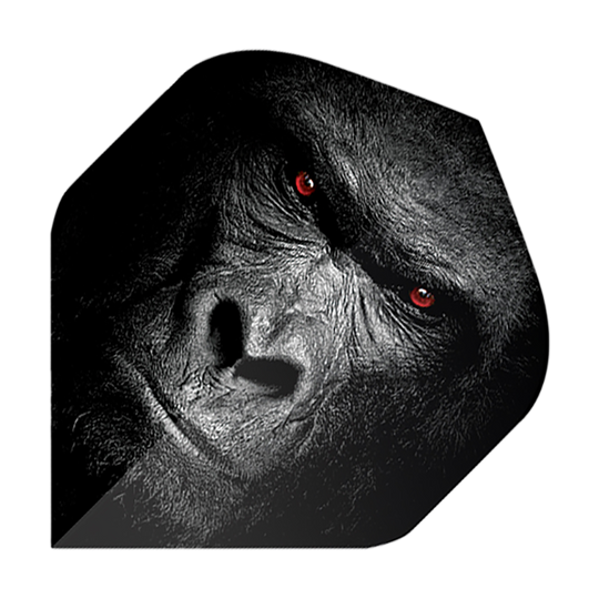 Vuelos de pentatlón Gorila Das Bild zeigt ein Dart-Flight mit dem Gesicht eines Gorillas. Die Augen des Gorillas leuchten rot und der Hintergrund ist dunkel gehalten.