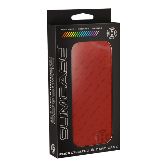 Estuche para dardos Harrows Slimcase Dies ist eine rote Slimcase Darttasche von Harrows, die in einer schwarzen Verpackung präsentiert wird. Die Tasche ist für sechs Darts geeignet und passt in die Hosentasche.
